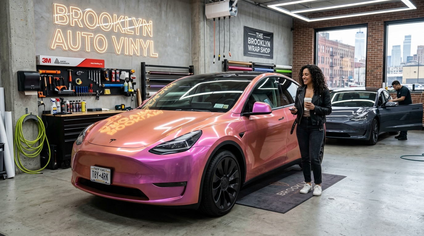 Tesla Model Y Gloss Rose Gold Wrap Brooklyn Auto Studio